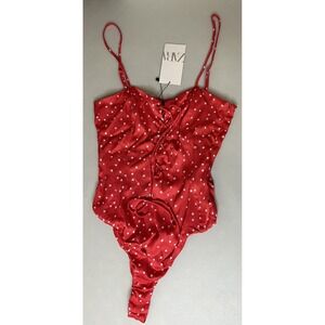 2/$28 Zara NWT Red Star Lace Up Bodysuit Size Small Side Zip